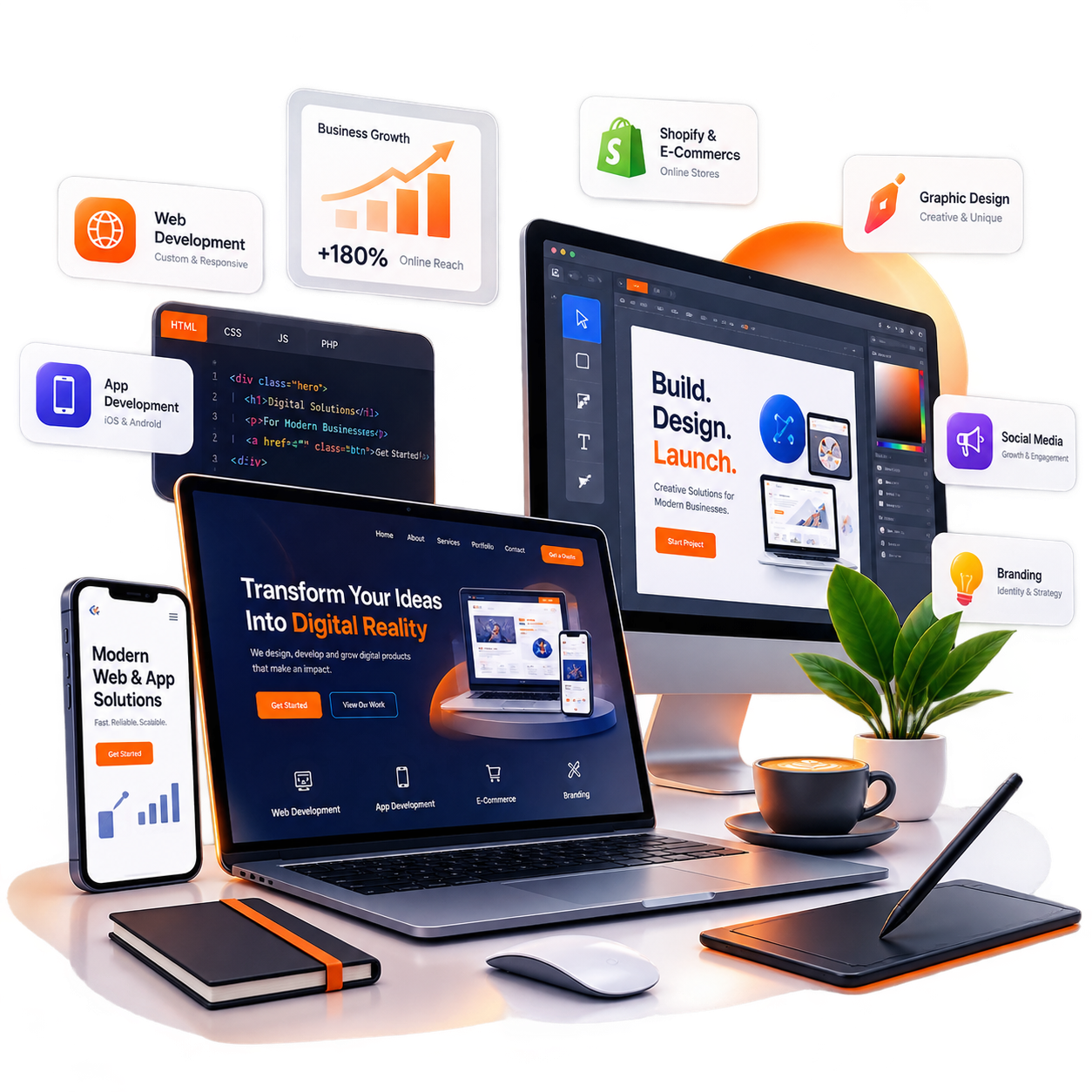 Web development, mobile app development, Shopify and digital design services